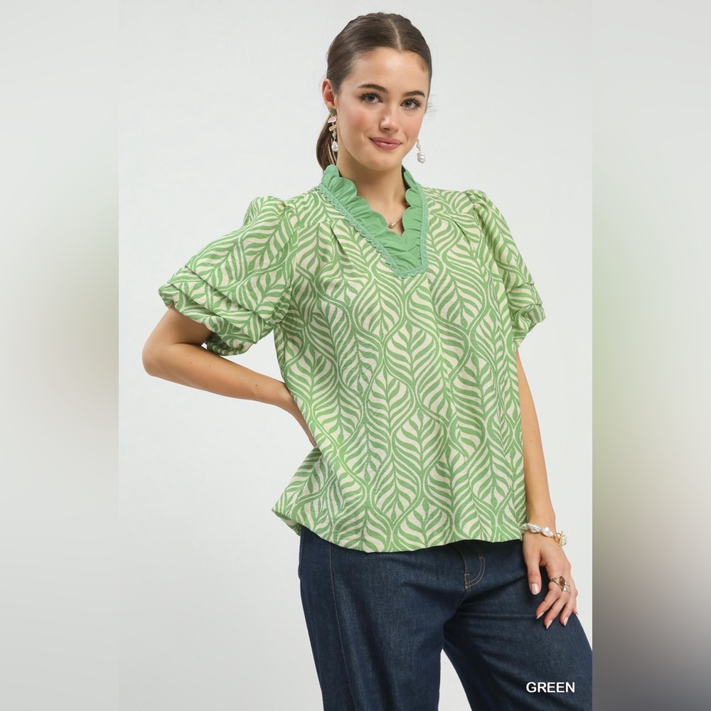 💚 Umgee Printed Puff Sleeve Ruffle Neck Top 💚🛍️ - Picture 4 of 7